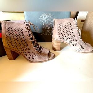 Vince Camuto Trevan smoke Cloud Suede Perforated Lace Up Heeled Bootie